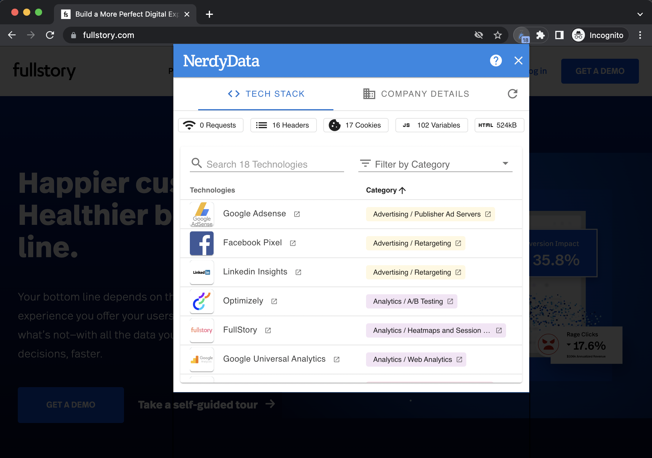 Image of the free Chrome extension showing the tech stack used on a website